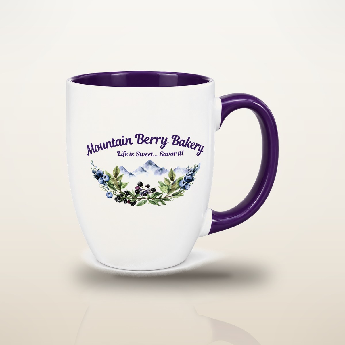 White Mountain Berry Bakery mug with a purple handle